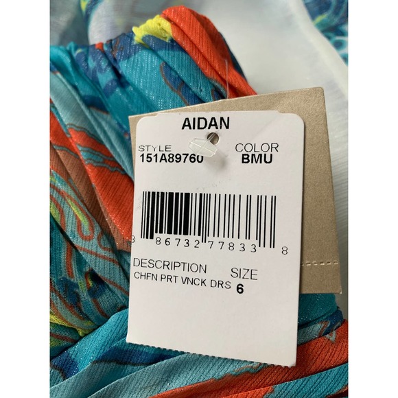 Aidan by Aidan Mattox Empire Waist Chiffon V-Neck Blue Multi Dress Size 6 NWT - Picture 6 of 7